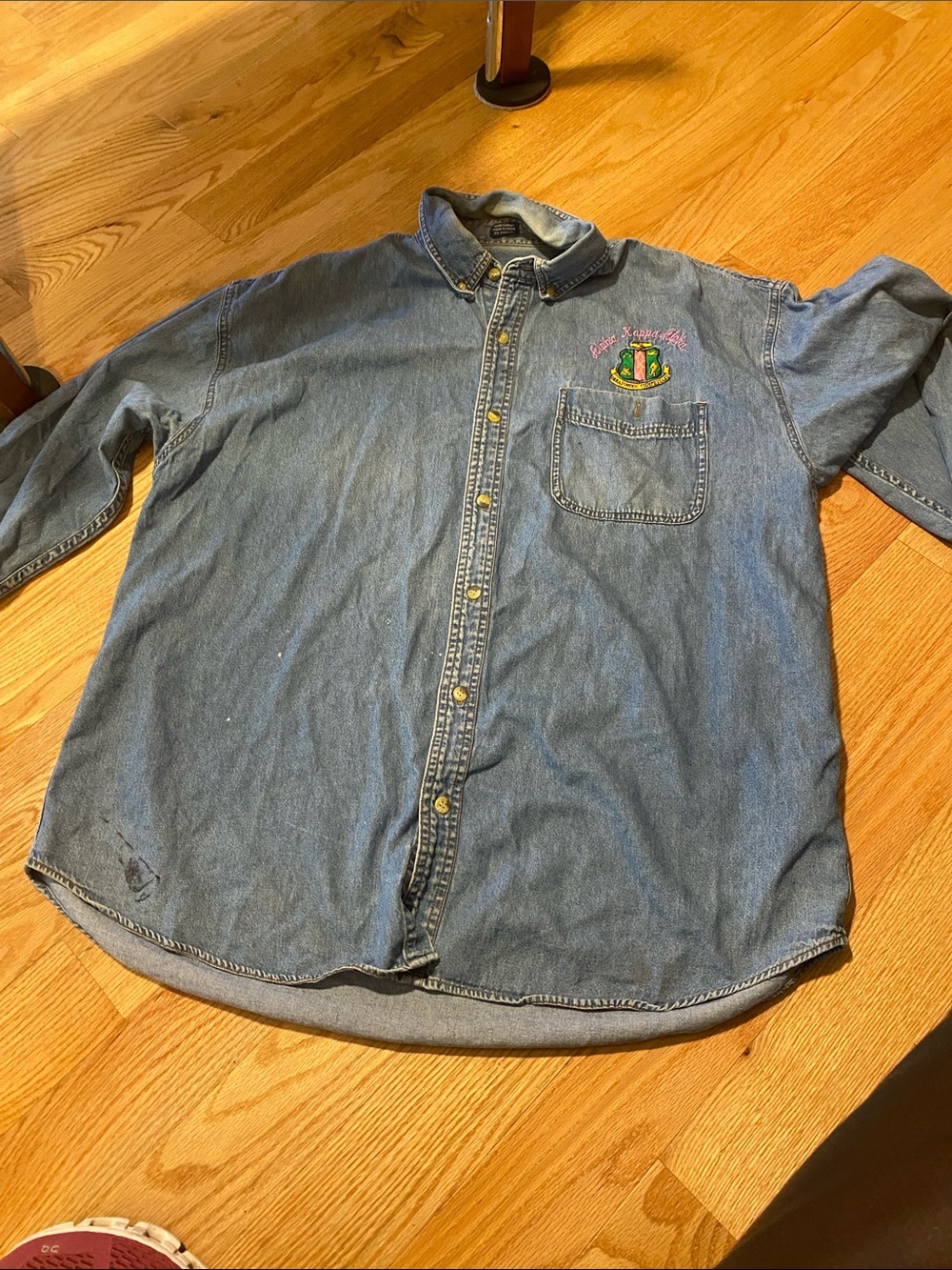 AKA Denim Button-Down Shirt in Blue with Embroidered Crest